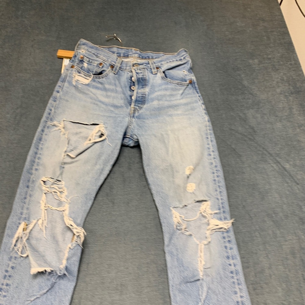 Levi's 501 Straight Jeans Womens 27x30 Blue Denim Original Fit Ripped High Rise - Picture 14 of 16